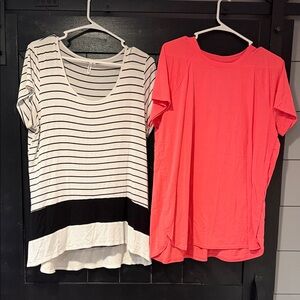 Striped Black and White Top & Solid Pink Top-Set of 2